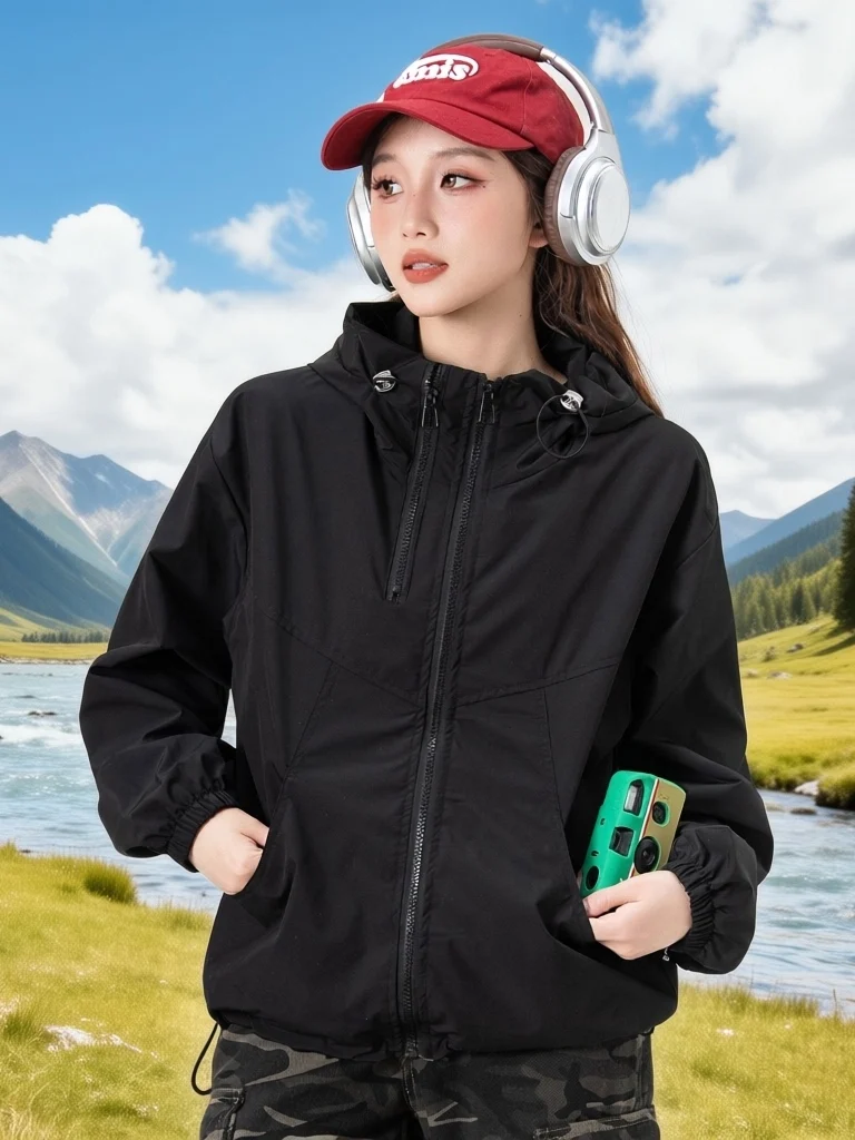Casual Style Short Hooded Jacket Women's Spring Versatile Small Size Windproof Double Layer Thin Climbing Clothes