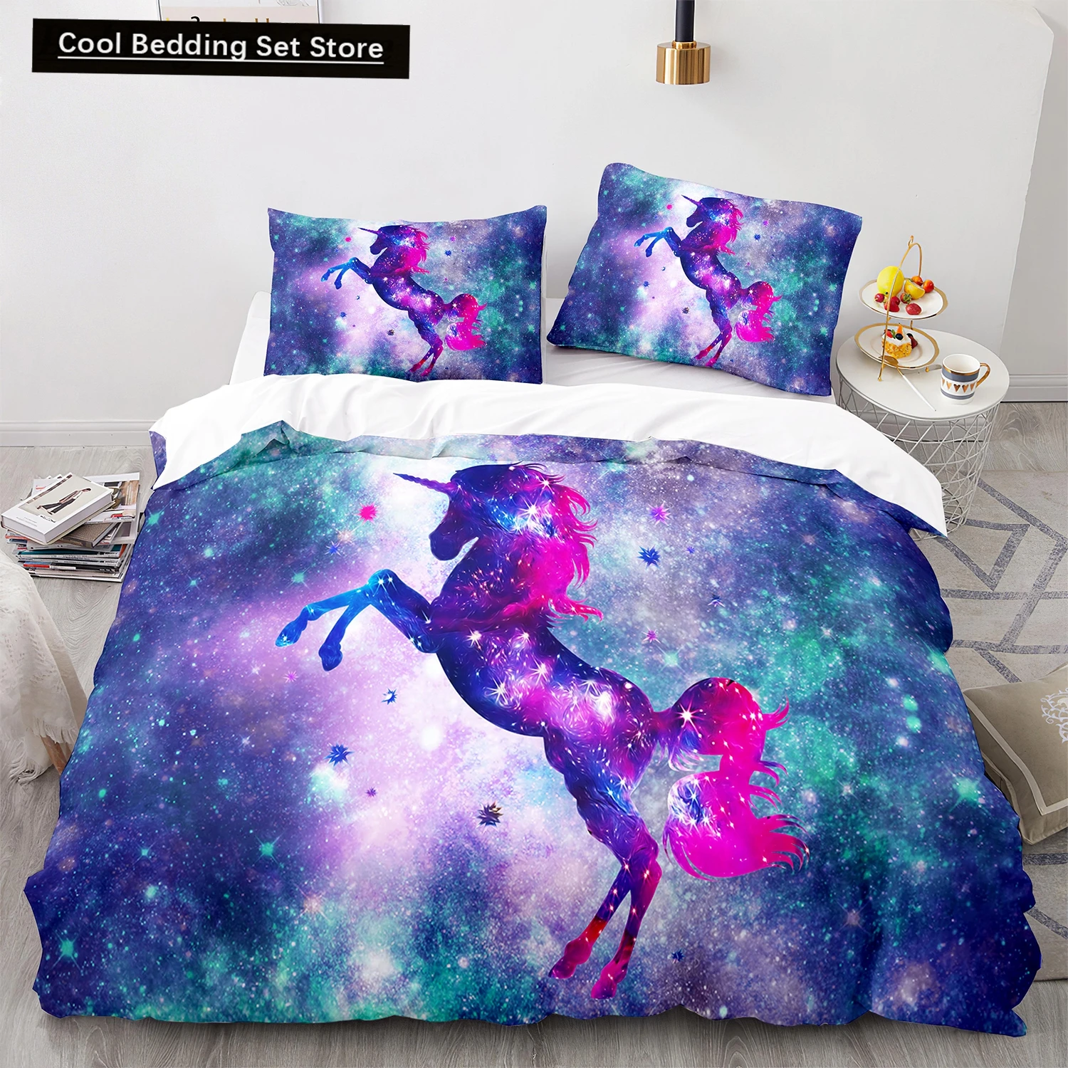 

Unicorn Duvet Cover King Queen Size Fairy Tale Magic Animals Bedding Set for Kids Boys Girls Star Universe Polyester Quilt Cover