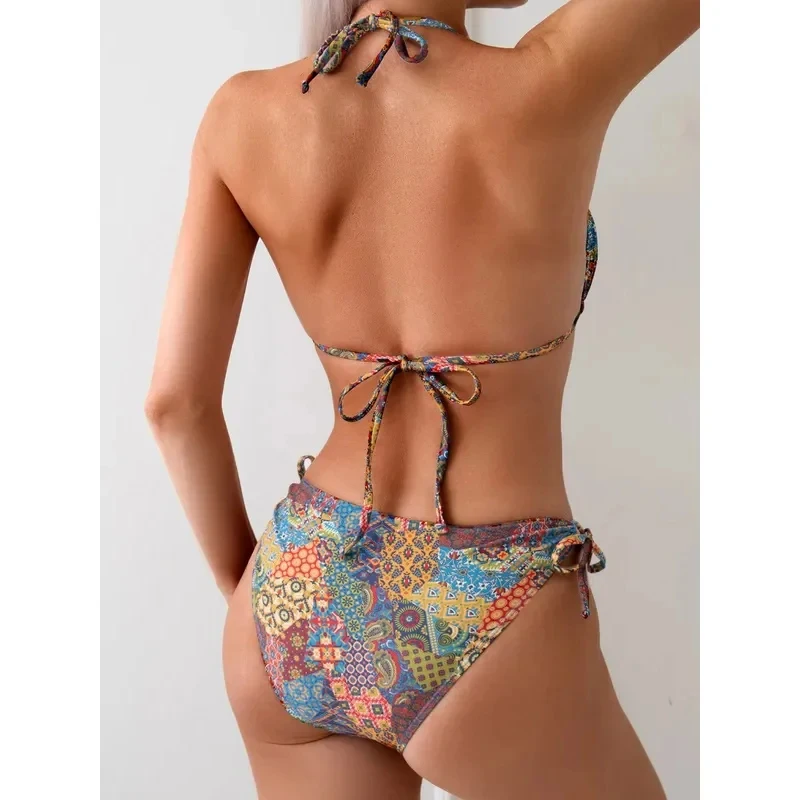 Ring Link Triangle Bikinis 2026 Women Lace Up Swimwear Printed Swimsuit Female Bathers Bathing Swimming Suit Beachwear Summer