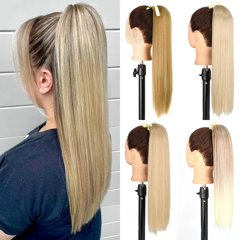 Azqueen 55Cm Lange Rechte Vlinderdas Paardenstaart Clip In Hair Extension Natuurlijke Bruin Blond Synthetische Pony Tail Haarstukken Voor vrouwen