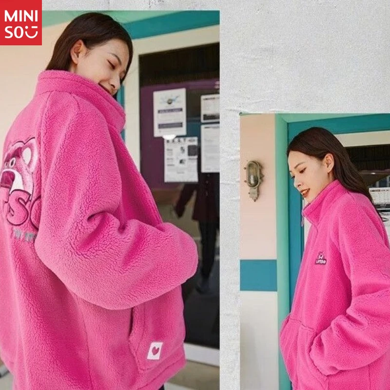 Giacca Disney Lotso Bear, cappotto Sherpa rosa caldo alla moda da donna |   Peluche ed elegante