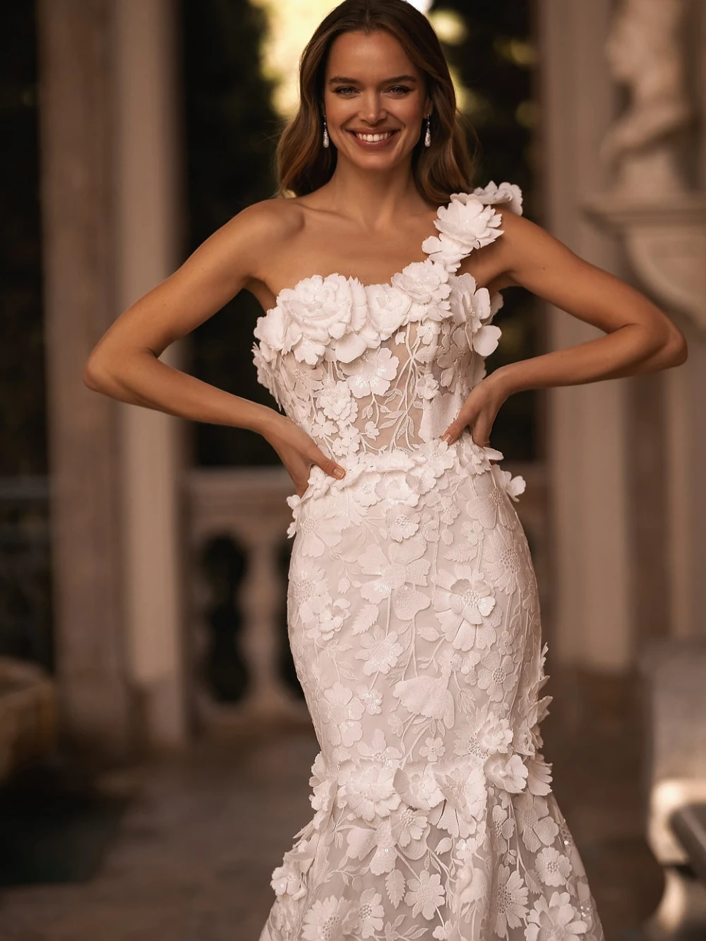 Vestido De novia Sexy De un hombro, Apliques De encaje, bata De novia De flores 3D, vestido De novia largo De sirena elegante, bata De boda personalizada