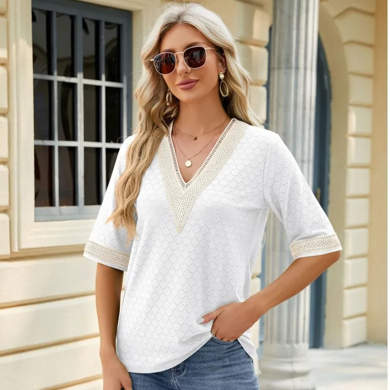 2025 Summer Blouses Fashion Elegant V-neck Short-Sleeved women Tops Casual Solid Color Pullover Boho Vacation female T-Shirts 