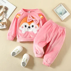 Winter Fall Spring 0 TO 2 Years Baby Girl Colthes Lounge Set Velvet Long Sleeve Top Pants Fox Bow Fashion Outfit 6-18 Months
