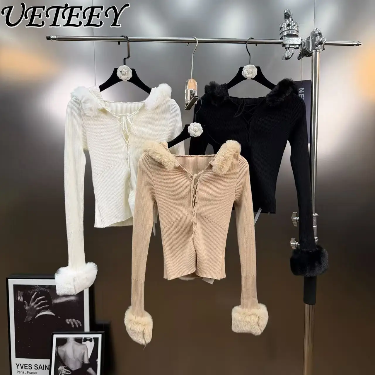 

Вязаный свитер на шнуровке с меховым воротником, весна и осень, новый мягкий уютный стиль Pure Desire, облегающий дизайн, короткий топ с капюшоном, пуловер