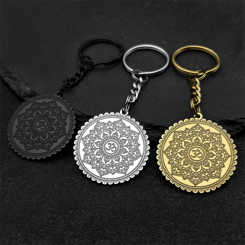 Buddhism Mandala Lotus Flower Yoga Pendant OM Key Chain Women Men Stainless Steel Religious Geometry Meditation Amulet Jewelry