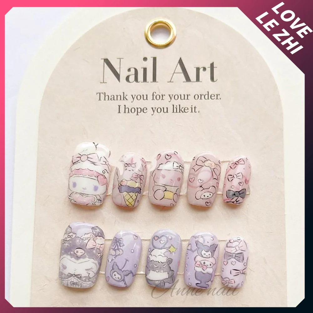 10Pcs Cartoon Sanrio Kuromi Mymelody Handmade Press On Nails 3D Freehand Painting Cute Short Square Fake Nail Birthday Gift