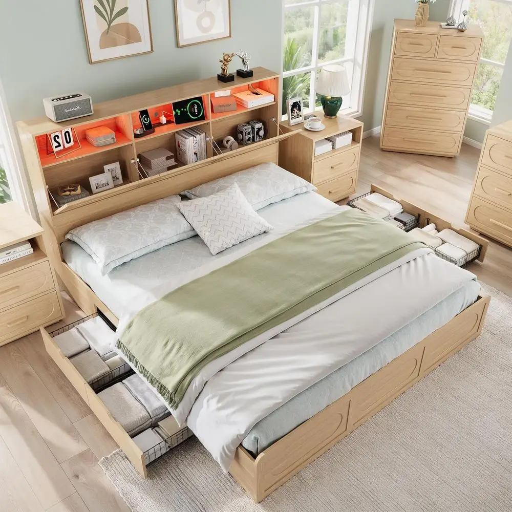 King Size Wooden Bed Frame with 48 Storage Headboard, 4 Storage Drawers, Built-in Charging Station, LED Lighting, Solid Wood Sla