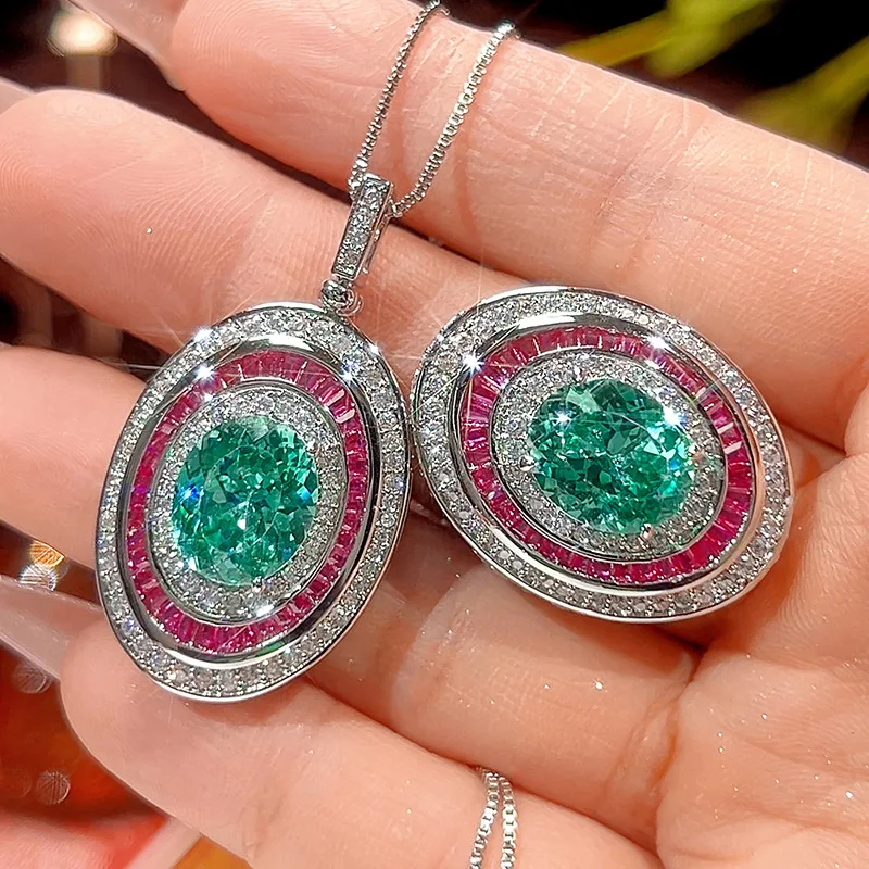 

Luxury Oval Green Gemstone Jewelry with Pink Accents Adjustable Ring Necklace Sparkling Cubic Zirconia for Women Elegant Jewelry