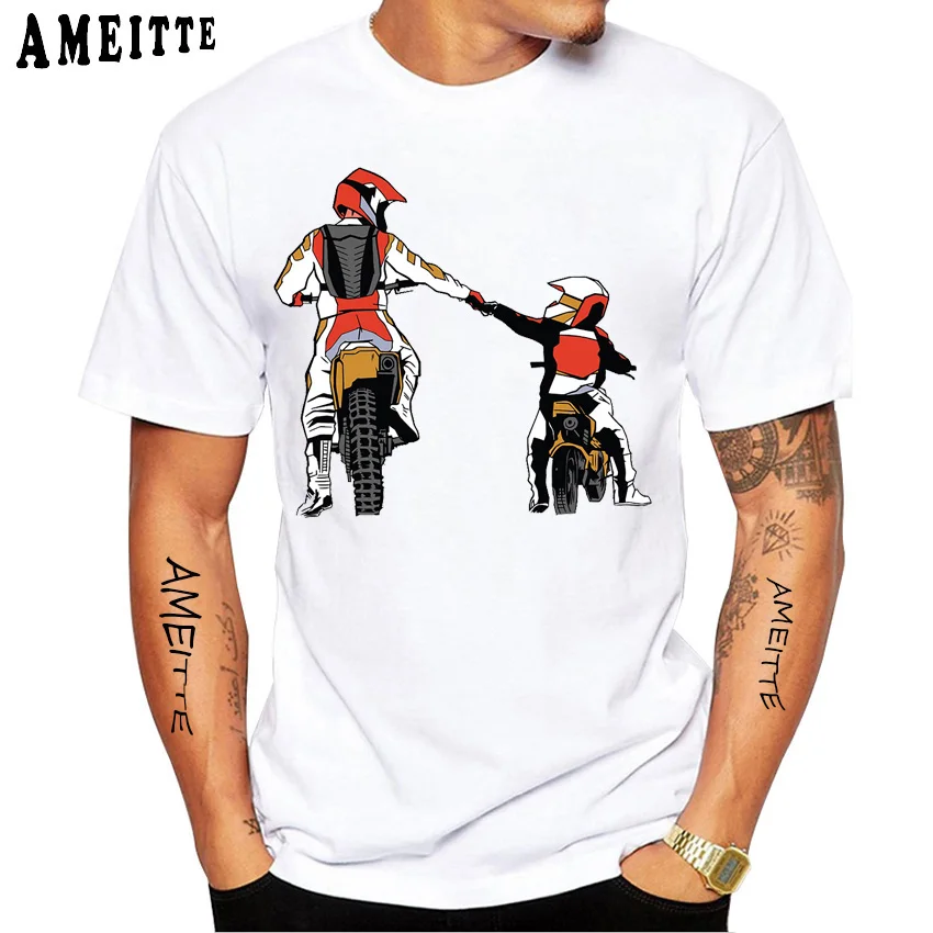 New Summer Men's Short Sleeve Dad And Son Dirt Bike Print T-Shirt Funny Motorcycle Sports Design Boy Casual Tops Hip Hop Tees