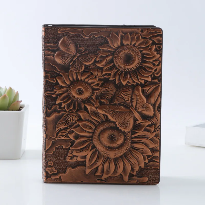 CHEN LIN Creative Retro 3D Sunflower Relief A6 Notebook Journal Embossed Writing Notebook Leather Cover Student Travel Diary