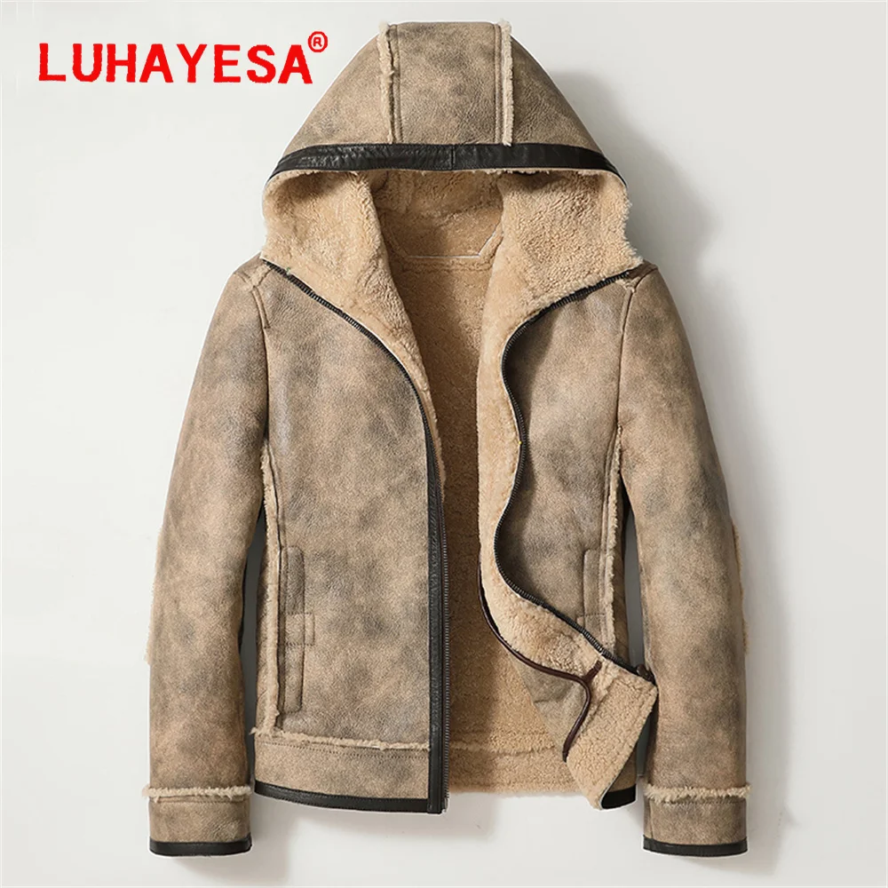 2022 LUHAYESA Hooded Real Fur Men Winter Thick Warm Jackets Casual Sheepskin Fur Shearling Clothes