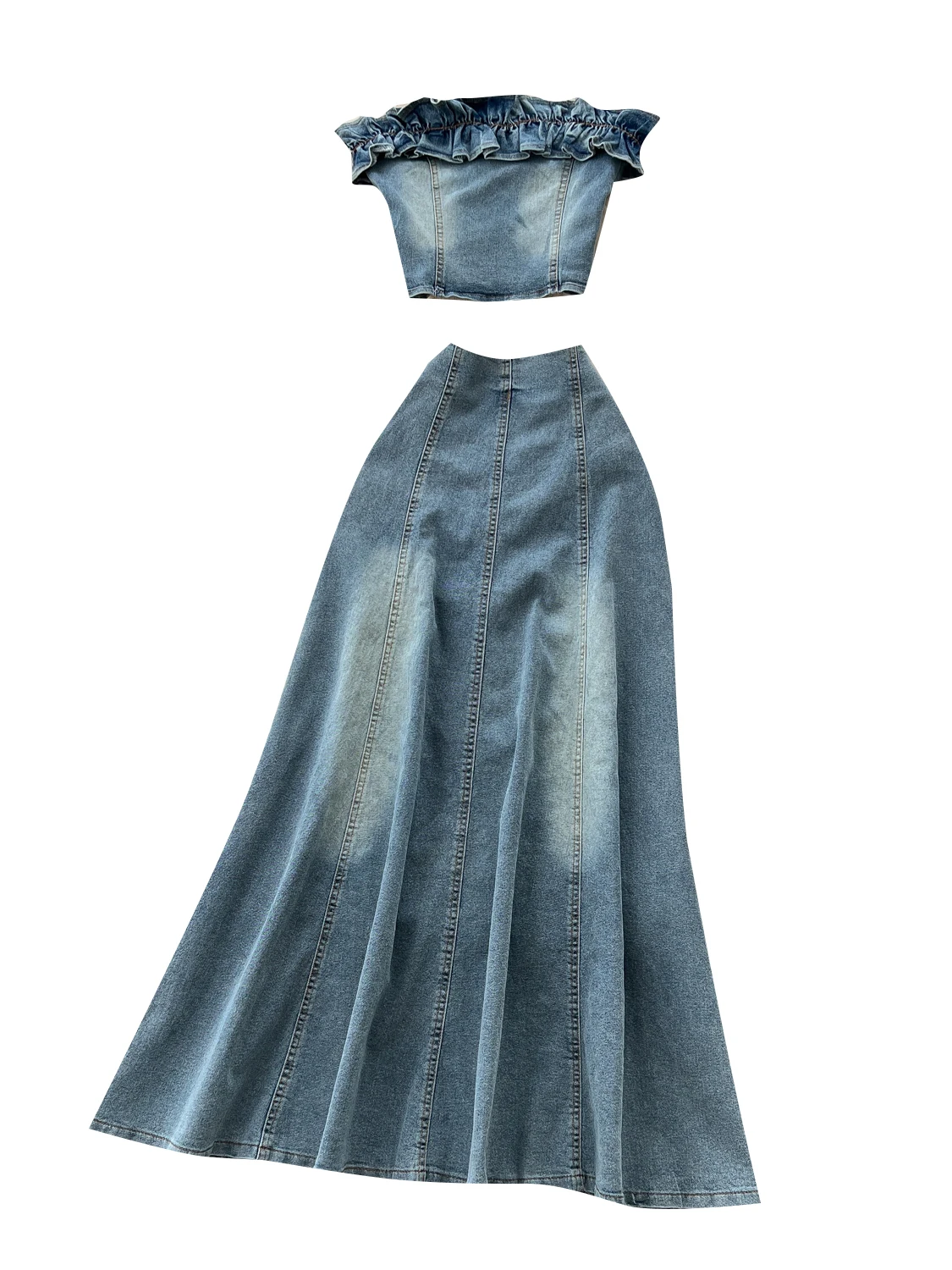 

Retro American Hot Girl Denim Set Women Summer Design Wood ain Tube Top Vest High Waist Fi Tail Skirt