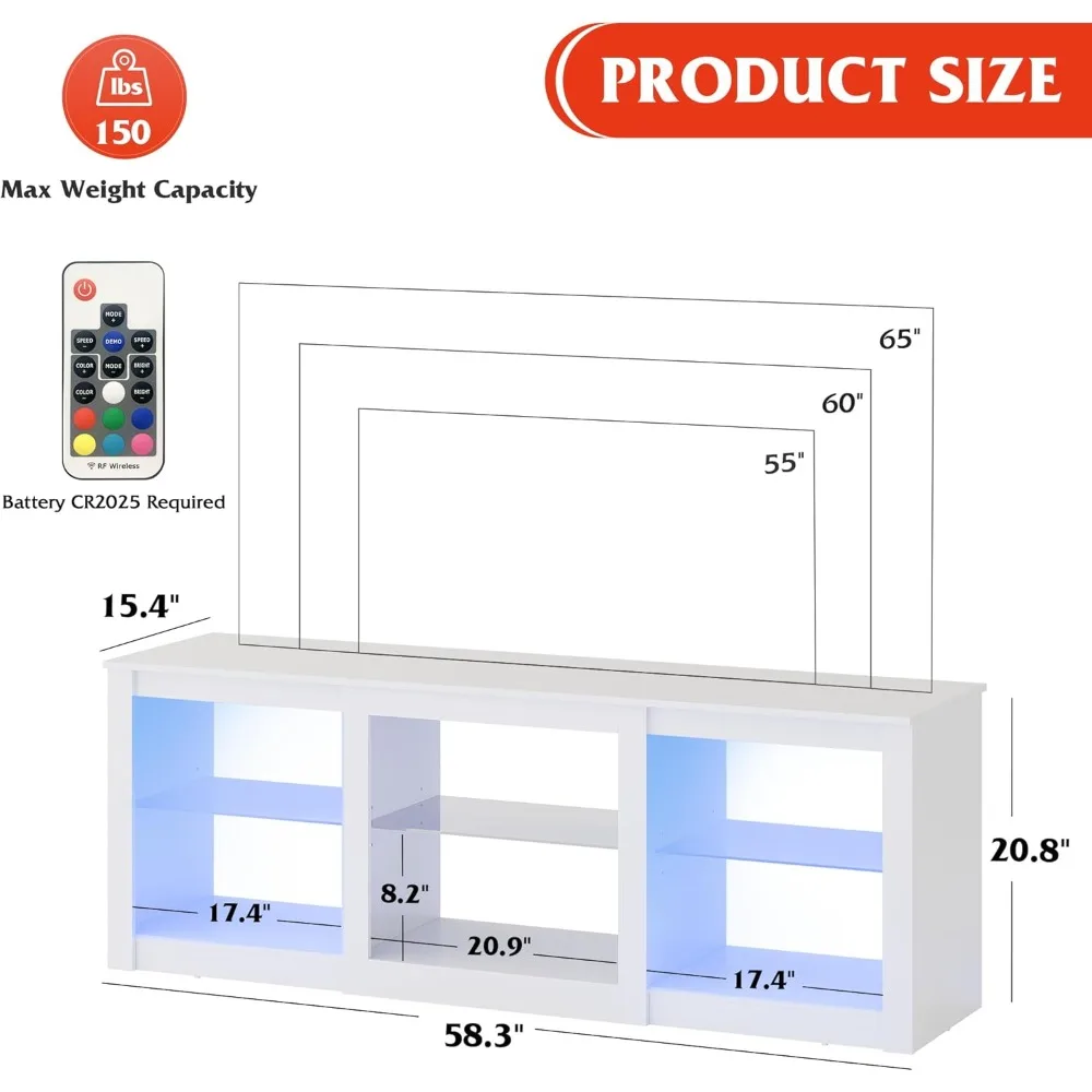 TV Stand for 65 Inch TV, Entertainment Center with Adjustable Glass Shelves, LED TV Console, TV Stands for Living Room