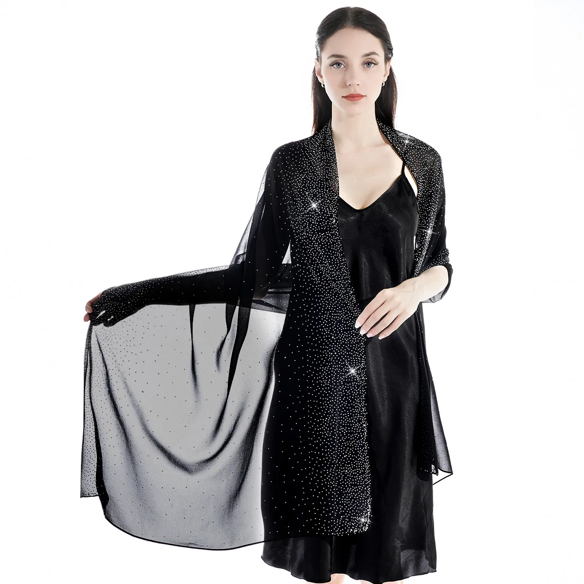 An extra long Morandi color chiffon starry sky hot diamond exquisite and elegant evening style ladies turban shawl scarf