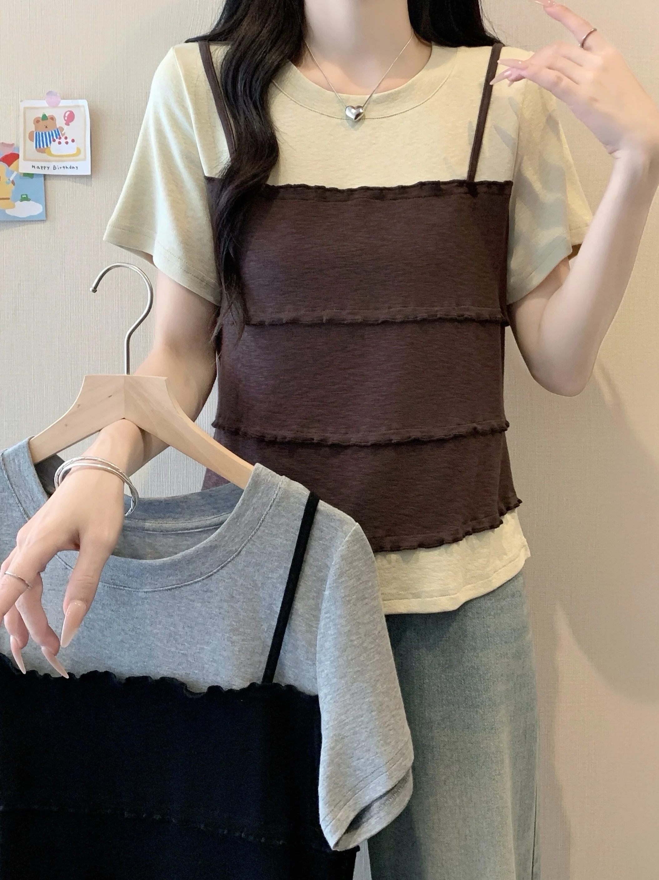 

plus Size Slim Fit Short Sleeve T-Shirt Summer New Style Patchwork Design Korean Commute Style Women's Top Casual Fashion