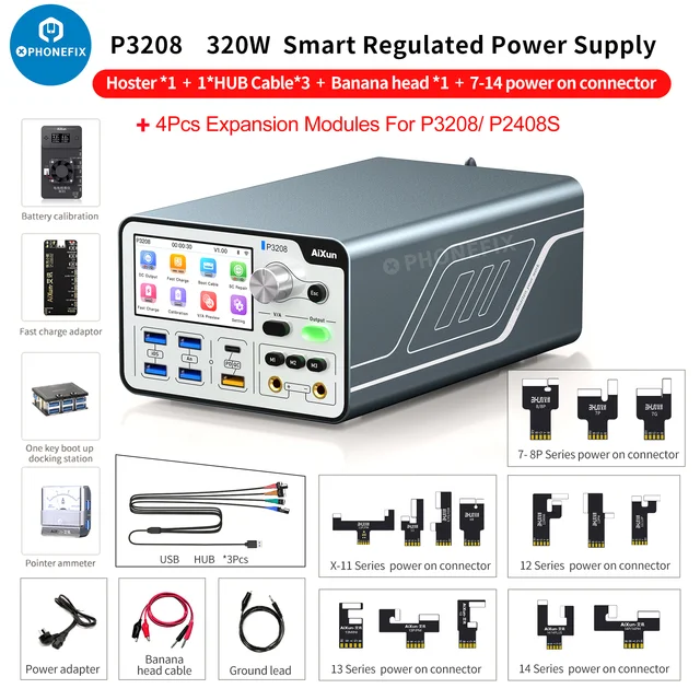 AiXun P3208 Smart Regulated Power Supply One Key Boot Up Docking Station Fast Charge Adaptor for iPhone 7-14 Pro Max Repair Tool