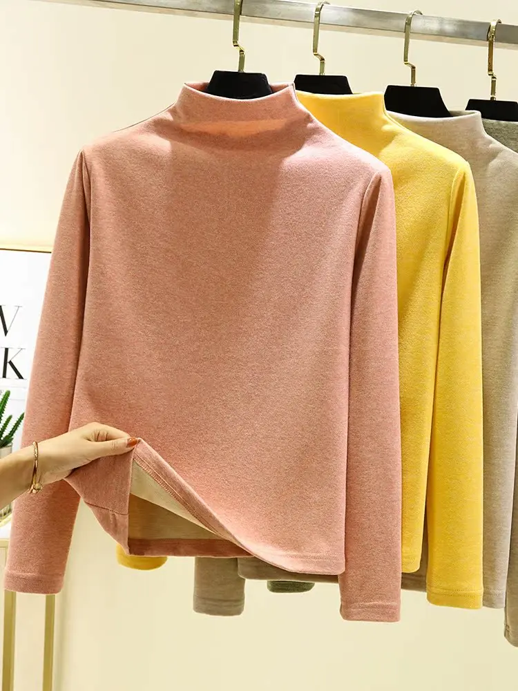 Thiened Fce f-High Collar Thermal T-Shirt Damen Winter Long Sve Base irt Dervo Sle Warm Top Damen Faion