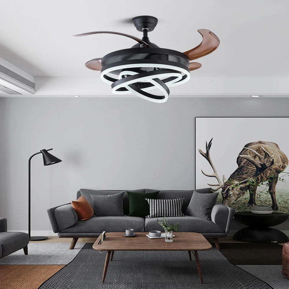 Modern Ceiling LED Light Fans Intelligent Ceiling Fan with 4 Retractable Blades with RC Dimmable for Living Dining Table Room