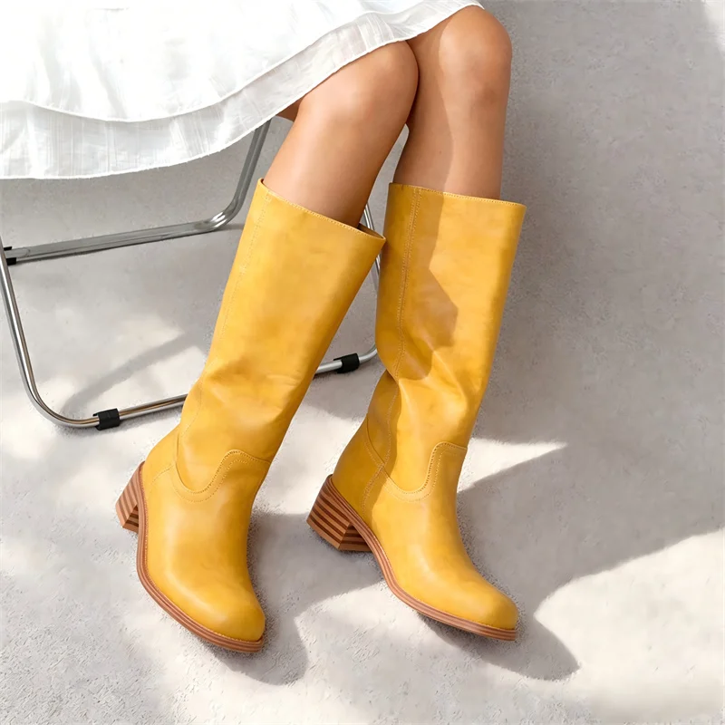 Onlymaker Women Round Toe Knee High Boots Low Heel  Fashion Pull on Wide Calf  Boots