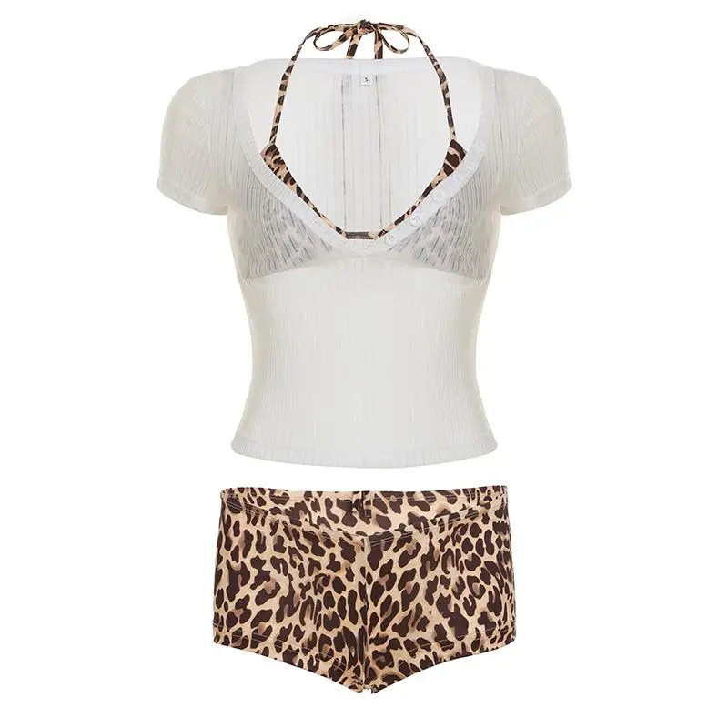 Y2K レオパード柄 ホルタービキニセット シアー半袖カバーアップ レディース ショートパンツ リブ編み ビーチ トレンド水着 水着 2026