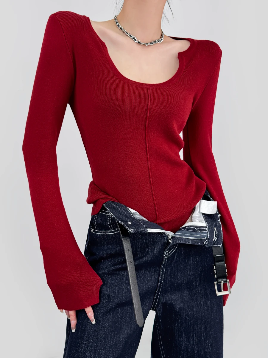

Sexy Slim Fit Knitted U-Ne Top Women's Base Layer irt Exposing Clavicle Double Z New Year Red Spicy Girl Inner Wear