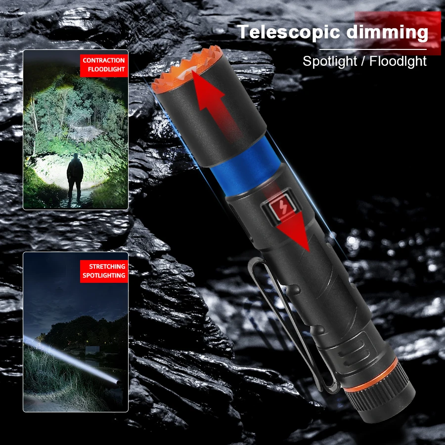 Aluminum Alloy Zoom Flashlight Super Bright Long-range Rechargeable 5 Dimming Modes Rear Strong Magnetic Mini Pen Clip Torch