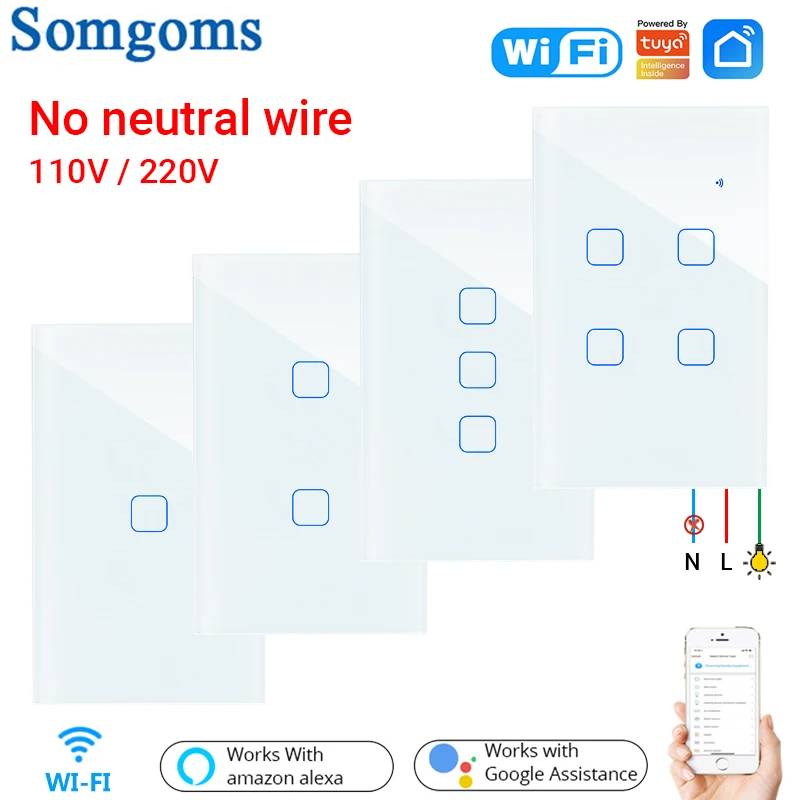 Tuya Wifi Smart Life Glass Panel US Standard Touch Switch Single Fire Line Voice Control Light Wireless 2/3 Way Work Wih Alexa