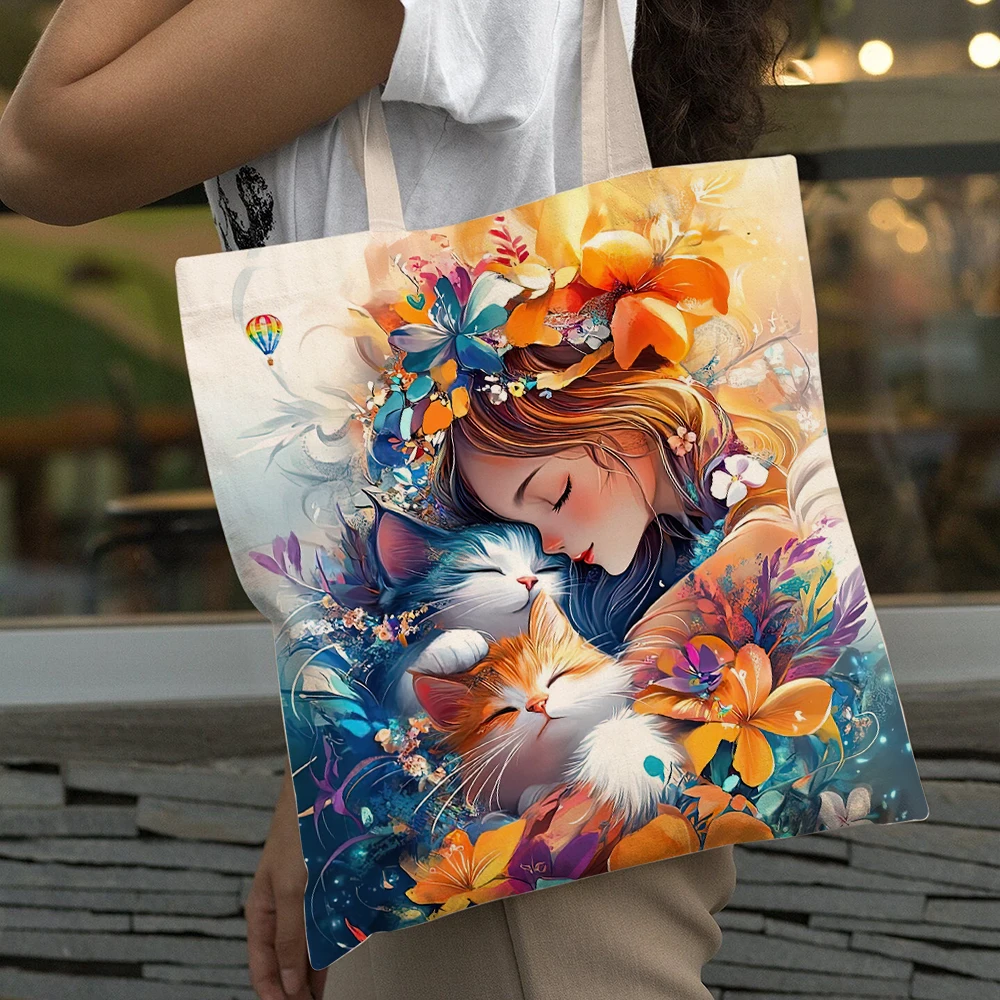 Casual Flower Girl Cute Cat Shopping Bag Big Capacity Eco Cartoon Women Shopper Bags Double Print Lady Tote Shoulder Handbag