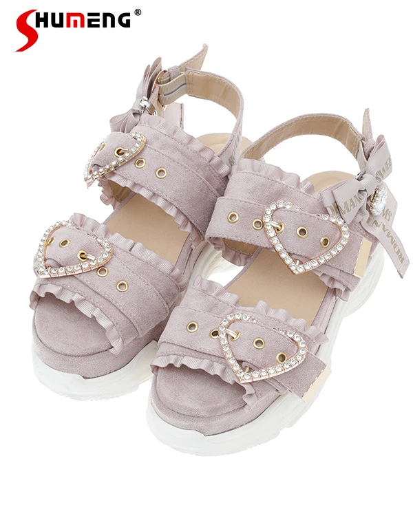 Sweet Cute Summer Sports Sandals Women Japanese Mine Mass-Produced Kawaii Rhinestone Bow Lace Platform Shoes Peep Toe Sandals