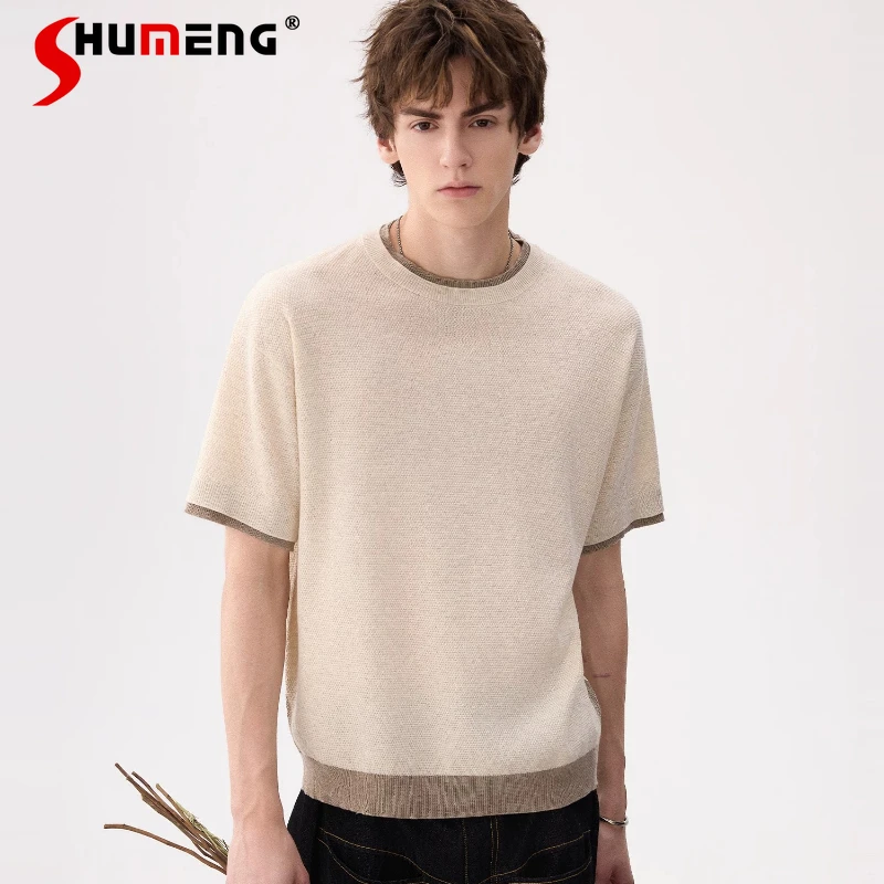 

2026 Summer Men's High-end Blended Faux Two-piece Tops Round Neck Knitted Sweater Short-sleeve Tops Men's Color Matching Tees