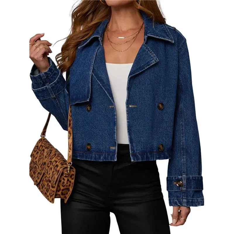 

A24F-Womens Double Breasted Denim Trench Coat Vintage Notched Collar Office Crop Jean Jacket Belted Cuffs