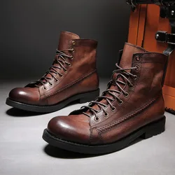 New Fashion Vintage British Men Leather Shoes High Quality Ankle Boots Outdoor Work Boots for Men Botas De Hombre Platform Boots