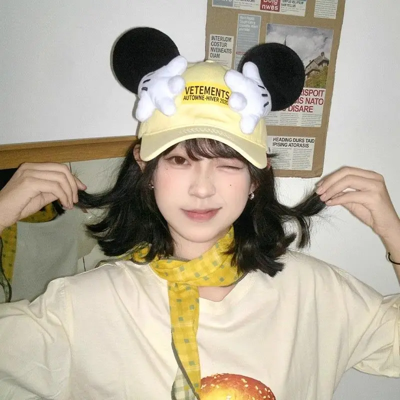 جديد ديزني قبعة آذان ميكي غطاء الوجه تصميم الصيف التظليل لطيف الكرتون السفر موضة واسعة قبعة لها حواف الأبوة والأمومة عشاق هدية #1