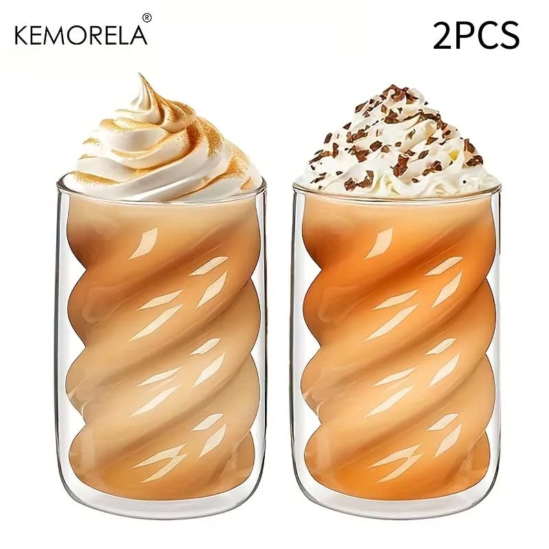 KEMORELA dubbelwandige koffiekop, 1/2 stuks 320 ml cappuccinokop, spiraalvormige theekop geschikt voor latte, ijsthee en koude brouwkoffie