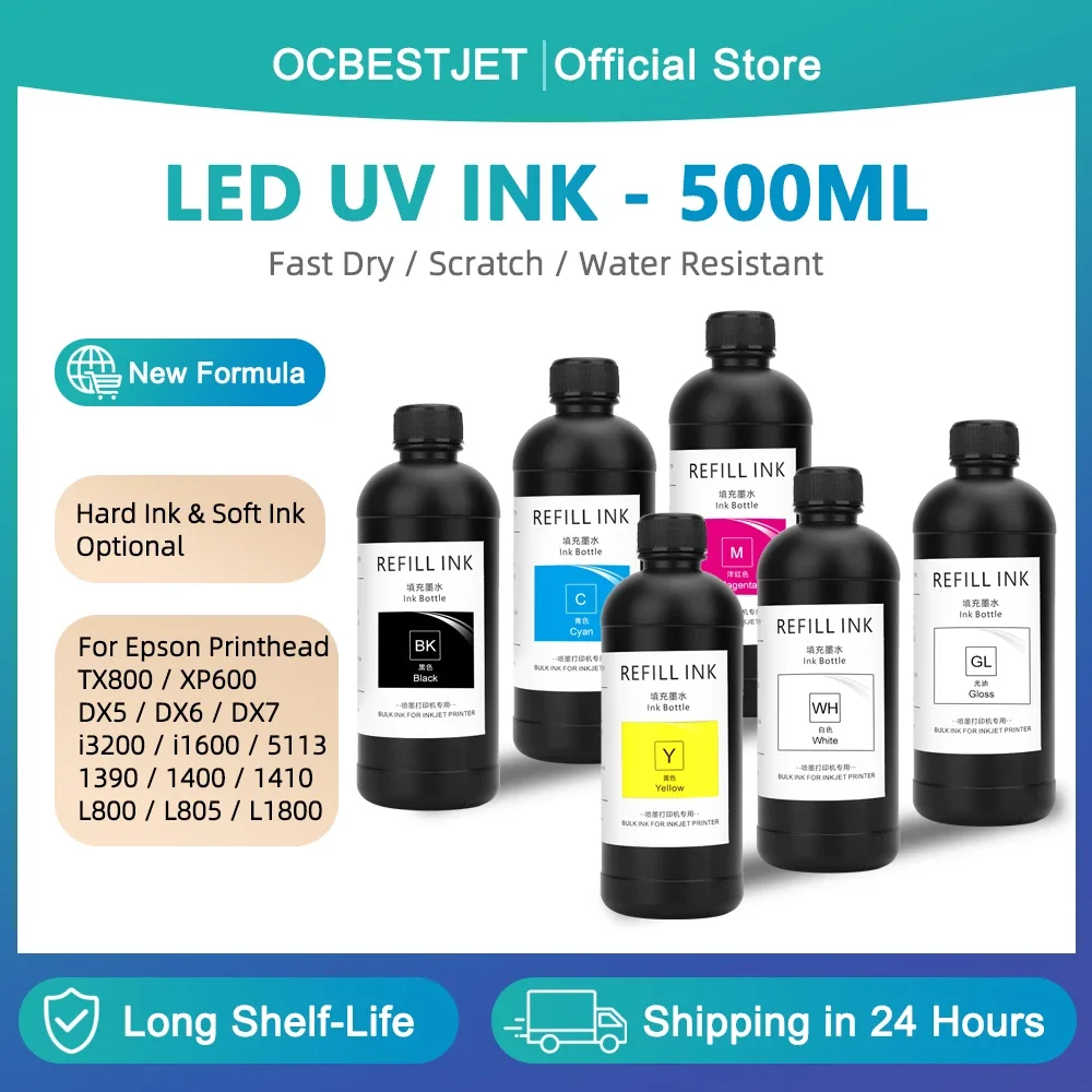 

500 мл светодиодные УФ-чернила, УФ-отверждаемые чернила для TX800 XP600 DX5 DX6 DX7 i3200 i1600 5113 4720 1390 1400 1410 L800 L805 L1800 Жесткие и мягкие чернила