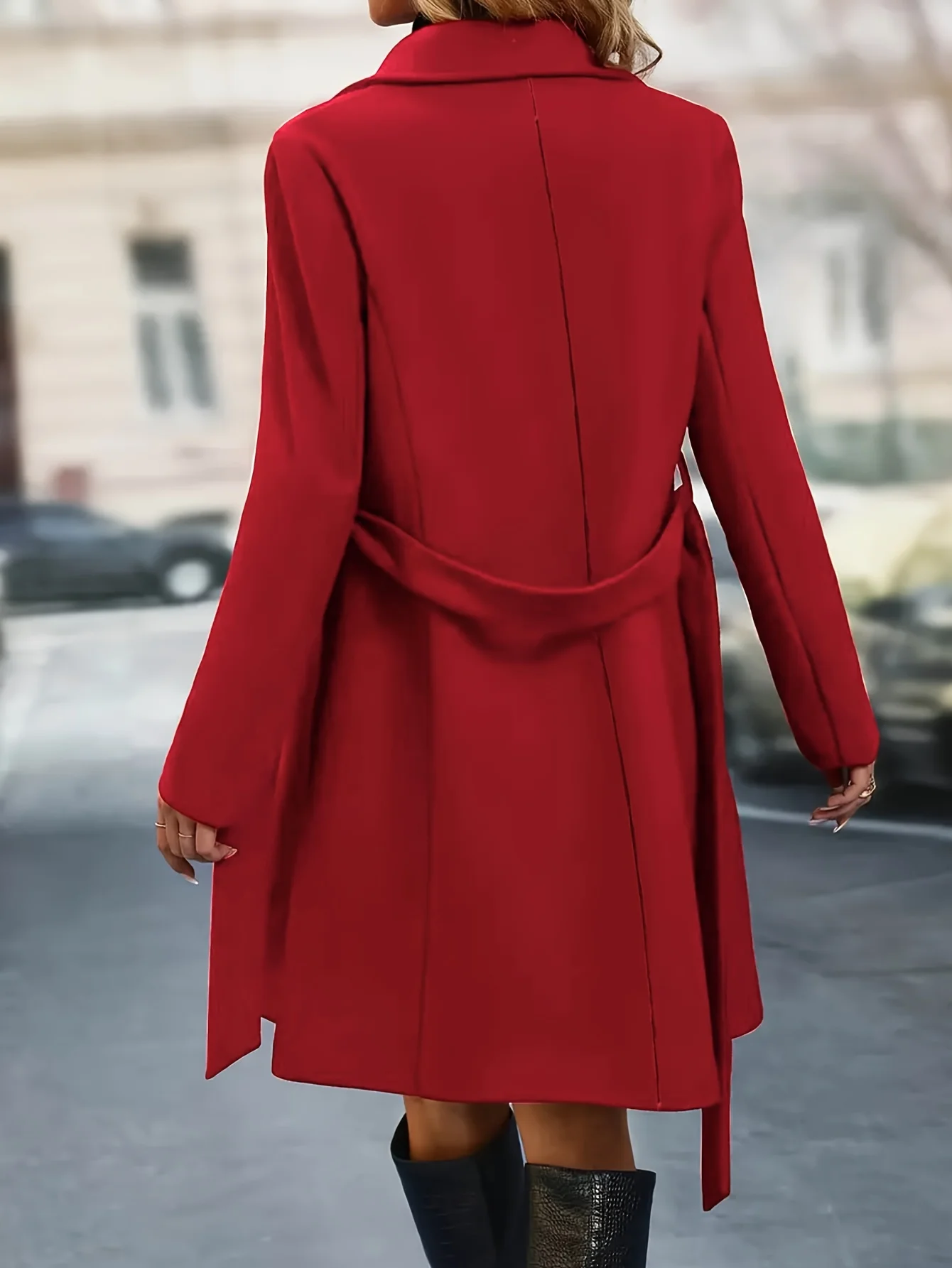 Autumn Winter Elegant Woolen Coat For Women Long Jackets with Belt Lapel Fashion Female Outerwear Dark Red