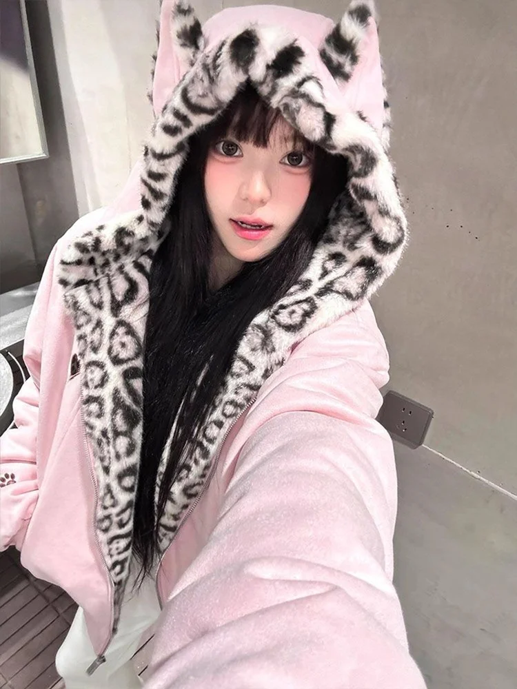 

Cute Ear Pink Leopard Print Fluffy Hoodie Women's Loose Fce Lined Zipper Cotton Jaet Autumn Winter Warm Outerwear