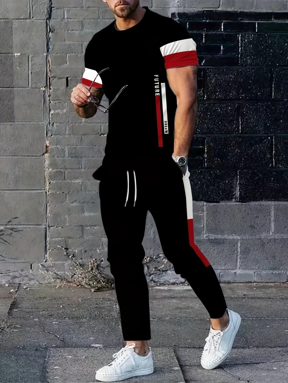 

Men's summer new striped letter print refreshing and breathable round neck T-shirt pants set outdoor casual clothing