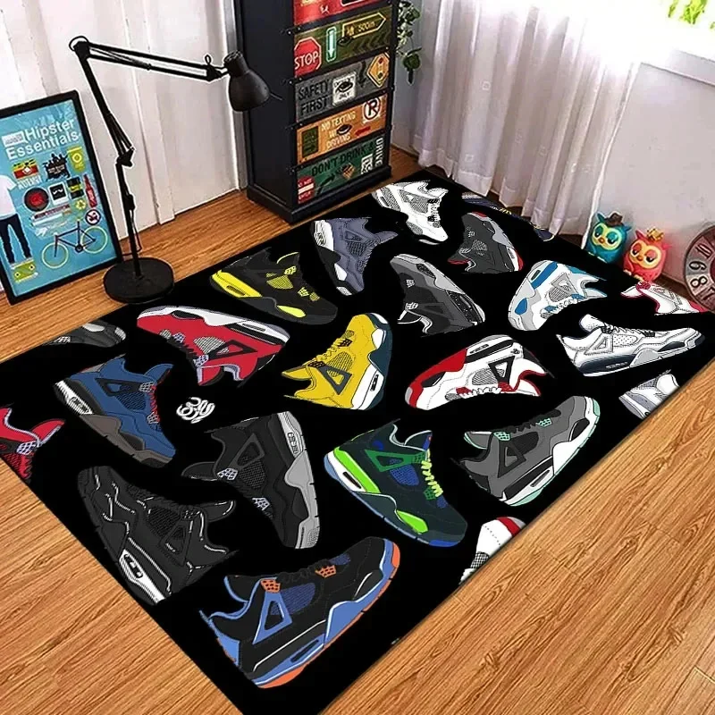 Zapatillas de baloncesto a la moda, alfombra con estampado de logotipo para sala de estar, pasillo, dormitorio, puerta, habitación de niños, alfombra de juego, regalos