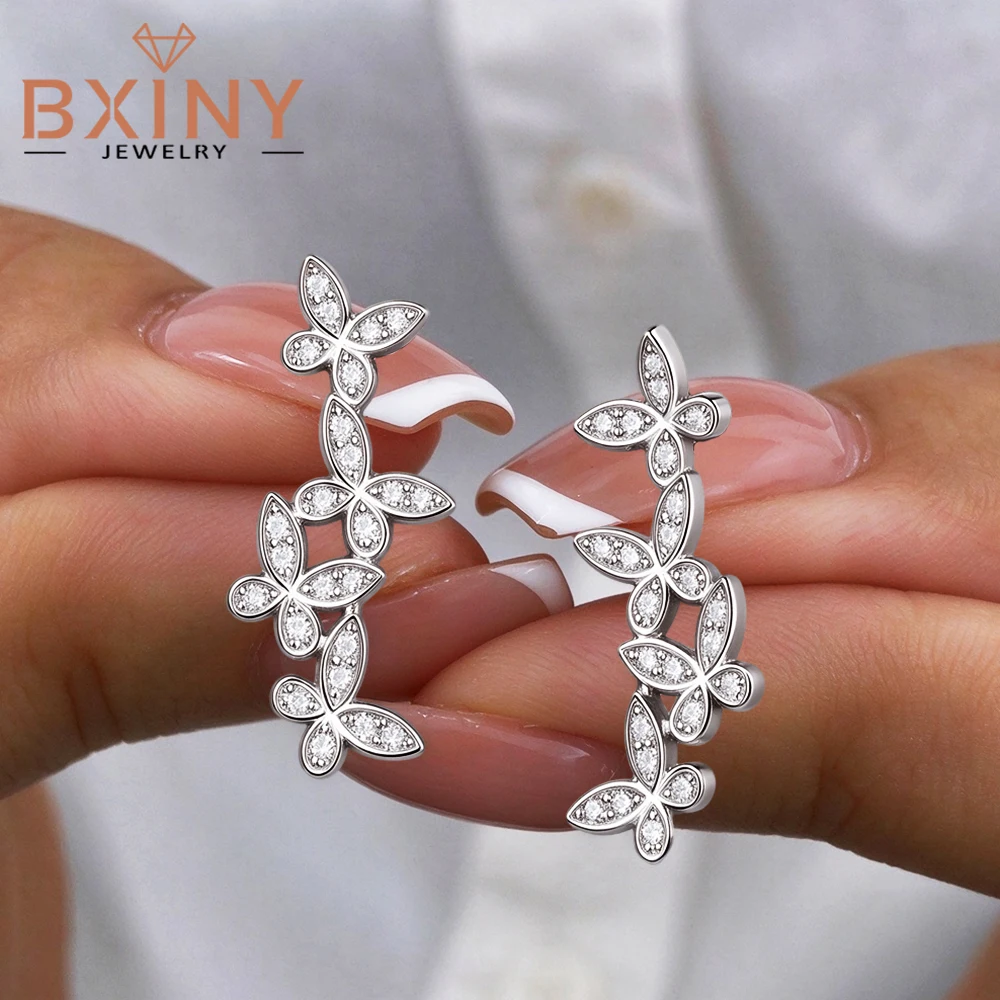 BXINY Butterfly Cluster Moissanite Climber Earrings 925 Sterling Silver Pave Set Diamonds Ear Crawlers for Women Wedding Jewelry