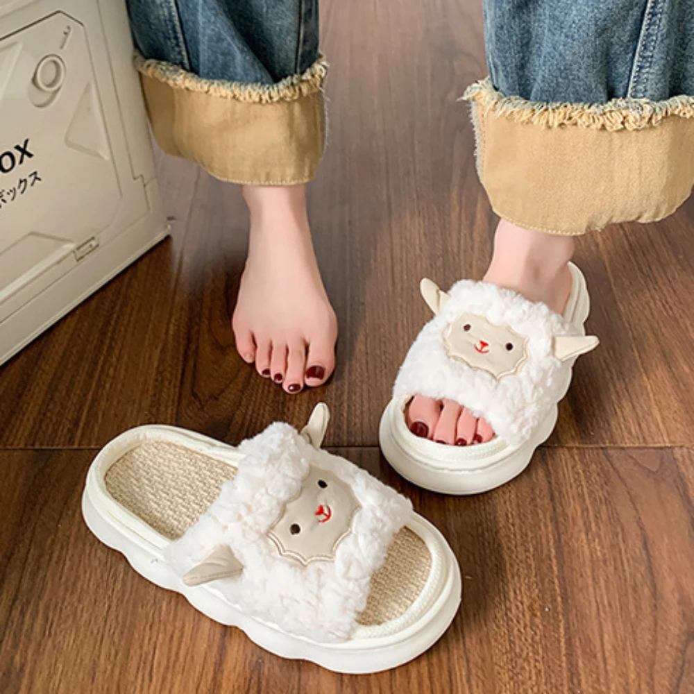 Cute Lamb Ladies Soft Sole Casual Couple Style New Shoes Ventilated Comfortable Pattern Design Non-slip Linen Home Slippers