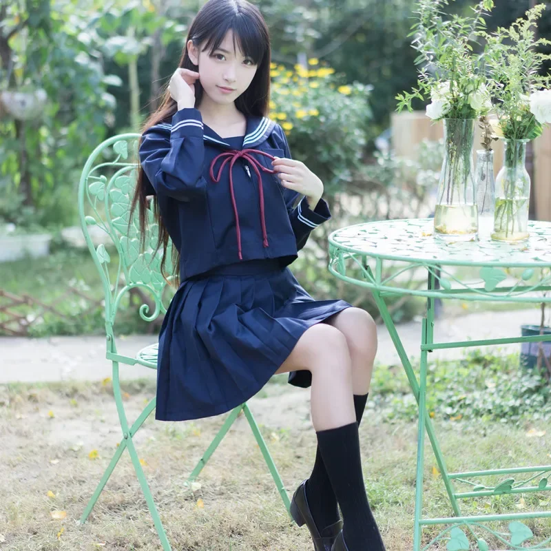 Autumn Japanese School Uniforms For Girls Cute Long-length Sailor Tops Pleated Skirt Full Sets Cosplay Jk Costume Series