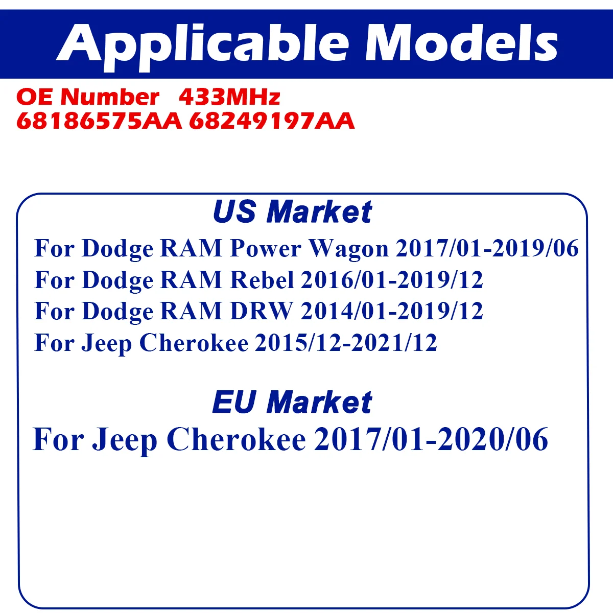 TPMS 타이어 압력 모니터 센서, ForDodge RAM Rebel RAM DRW RAM, 파워 왜건 지프 체로키 68186575AA, 68249197AA, 433MHz