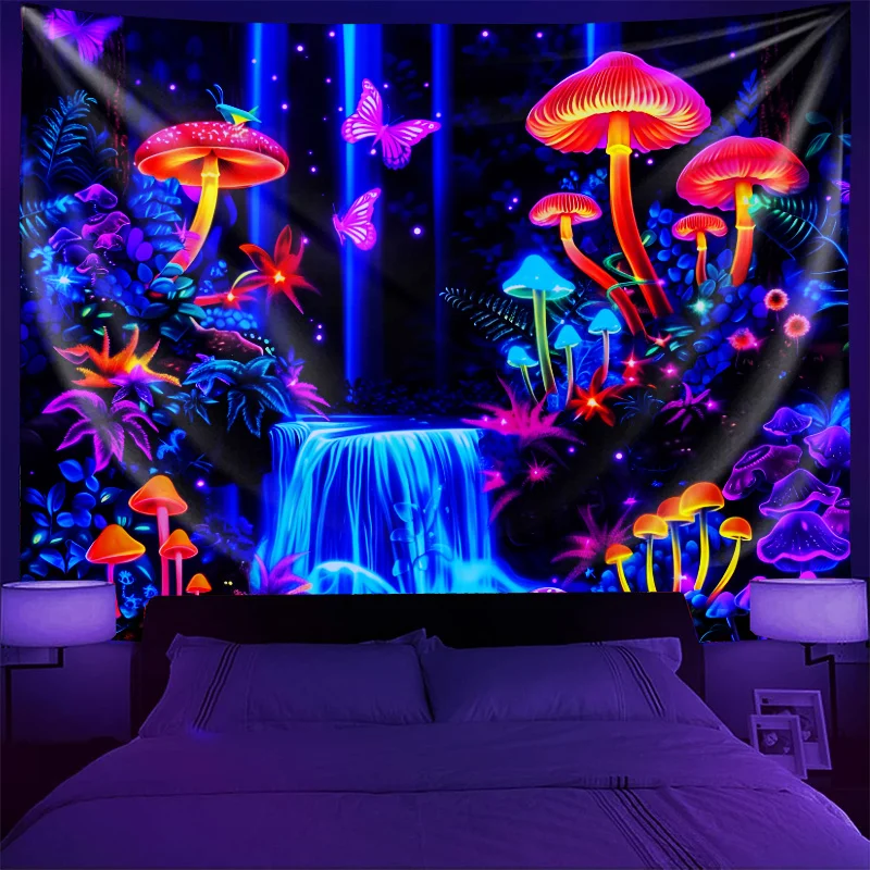 VIKAMA Böhmischer fluoreszierender Pilz Wasserfall Schmetterling Fotografie Hintergrund Wandbehang Schlafzimmer Wanddekoration Wandteppich