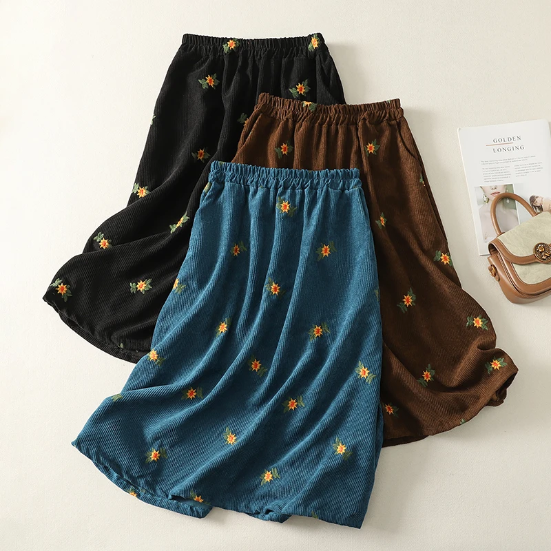 レディースAラインシフォンスカート刺繍入りコットンベルベット秋冬ロング傘スカート通勤カジュアルミッドウエストデザイン