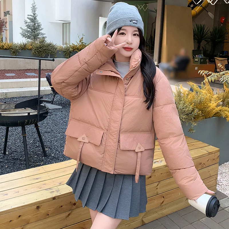 Women's Korean Style Winter Jacket, Parkas, Stand Collar, Monochromatic, Black, White Female Coat, Loose Oversized Short Parka