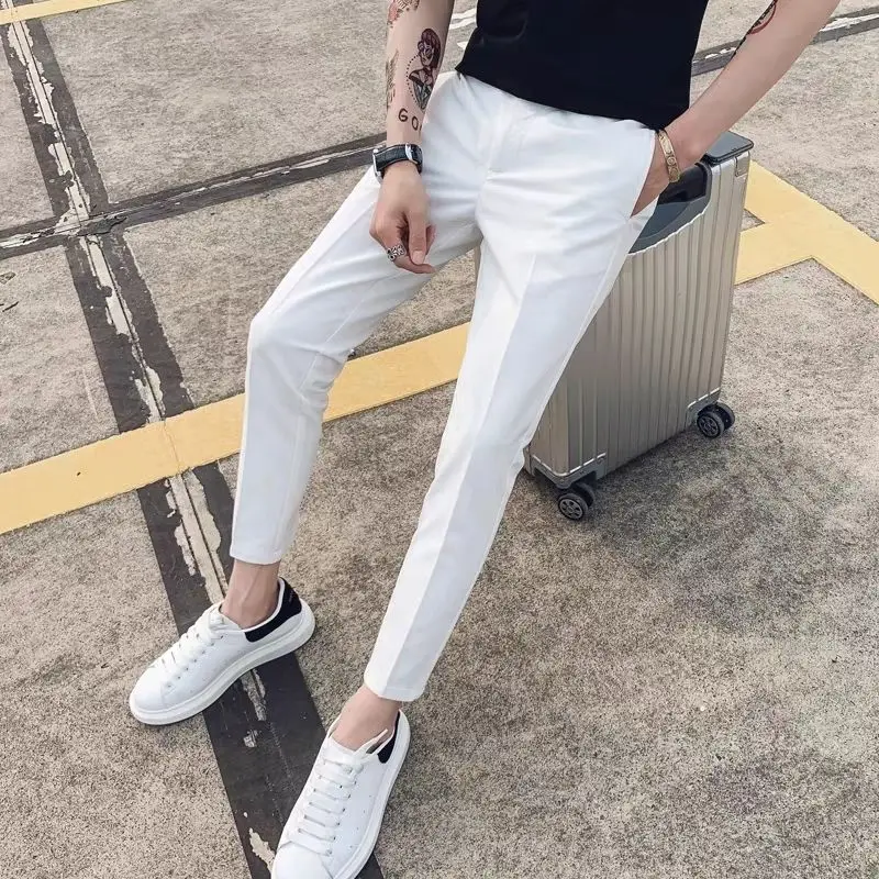 Streetwear Fashion Men Solid Color Smart Casual Suit Pants Spring Summer Thin Slim Fit New Business Cropped Straight Trousers