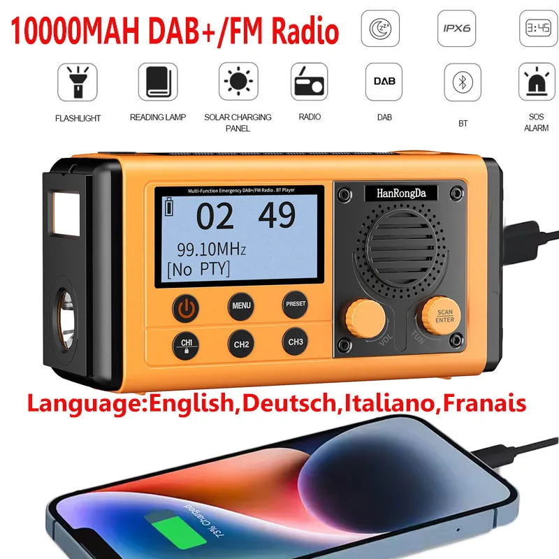 

Portable Emergency Radio Solar Hand Crank DAB/FM Radios Wireless Bluetooth Speaker with Reading Lamp Flashlight Sleep Timer