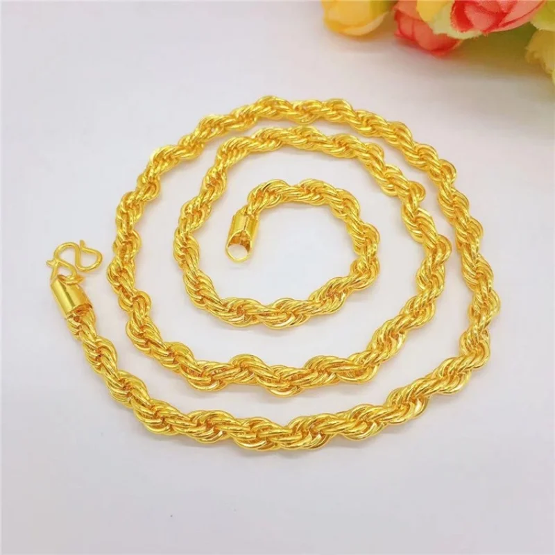 

9999 24K gold deep-fried dough sticks twisted necklace 60cm long 24K gold men's necklace gold jewelry gifts
